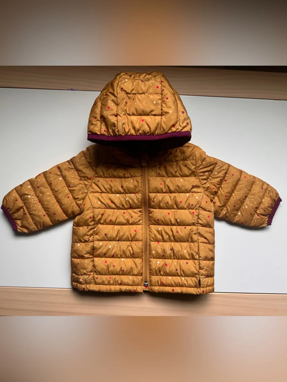 Baby Gap Golden Yellow ColdControl Puffer Jacket Zip Up Hood Pink Stars 6-12m